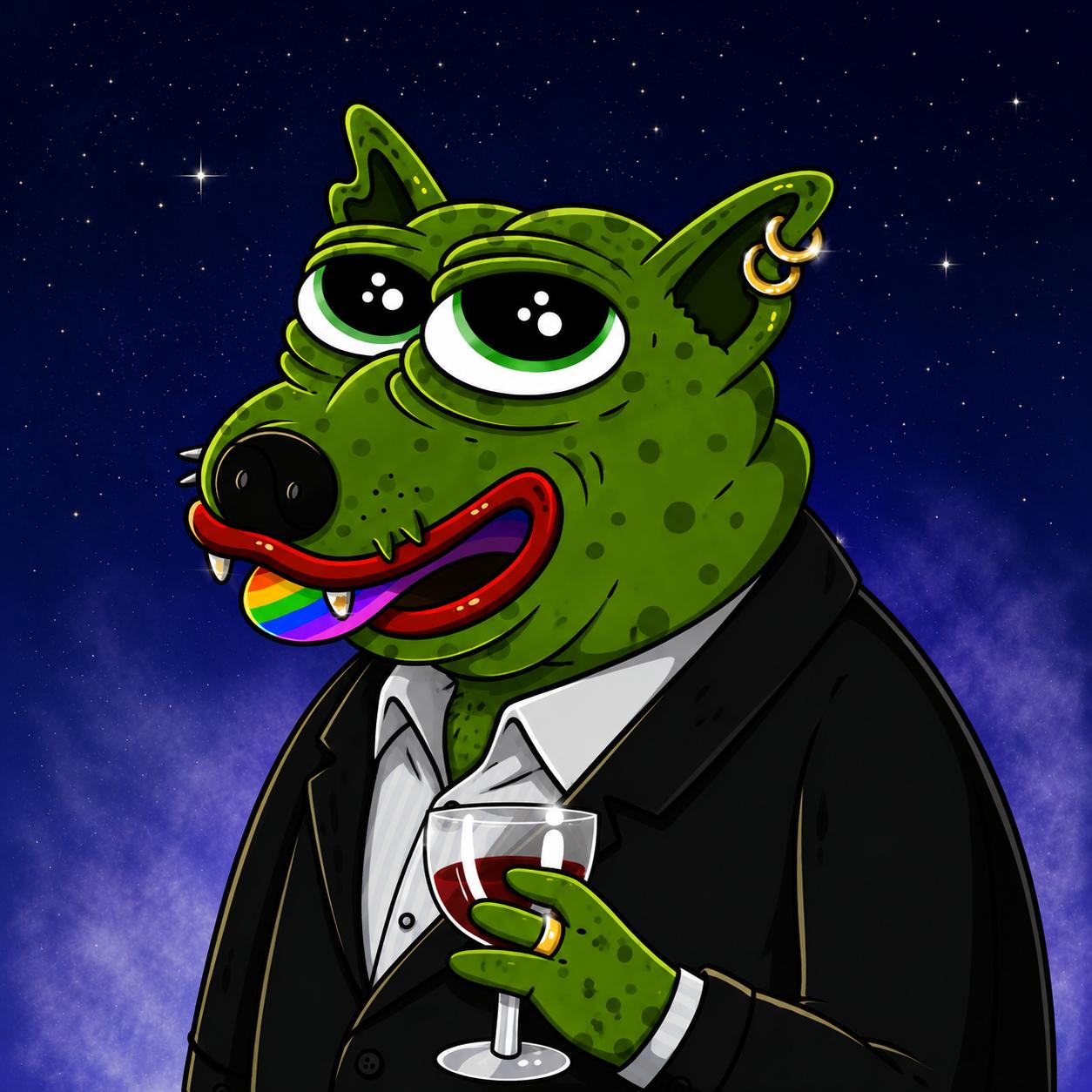 Zeus in a tuxedo with a glass of wine