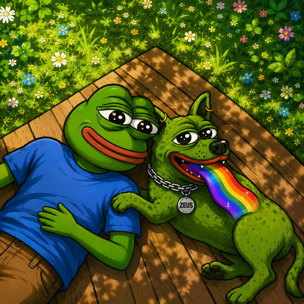 Pepe and Zeus relaxing in the flowers